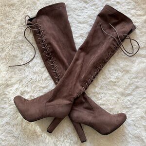 Fashion Nova Brown Over the Knee Lace-Up Boots